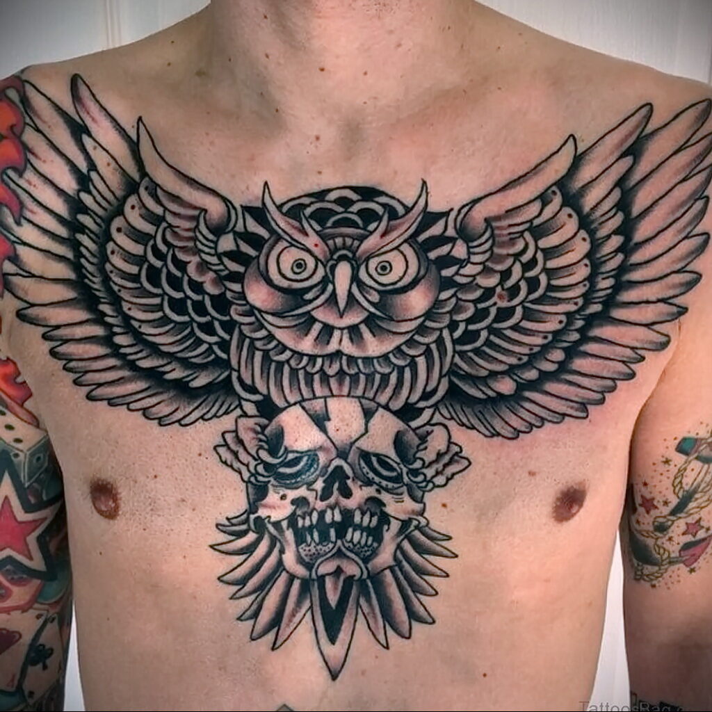 тату сова и череп пример рисунка 15.02.2021 №0165 - owl skull tattoo - tatufoto.com