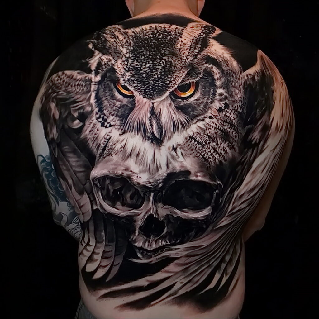 тату сова и череп пример рисунка 15.02.2021 №0174 - owl skull tattoo - tatufoto.com