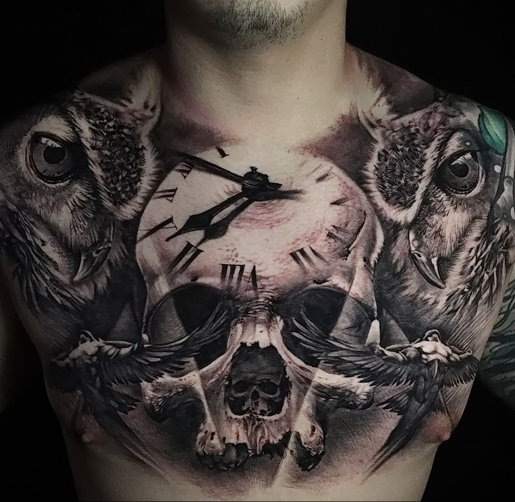 тату сова и череп пример рисунка 15.02.2021 №0196 - owl skull tattoo - tatufoto.com