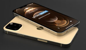 Фотография золотого iPhone 14 Pro на черном фоне. Современный смартфон с элегантным дизайном. Технологии и стиль.