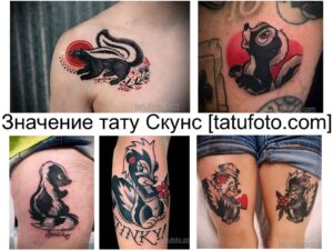 Фото коллажа с различными татуировками скунсов. Разные стили, от олдскул до реализма, и цветовые решения.