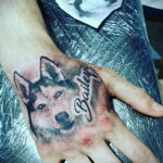 Фото тату на руке: реалистичный портрет хаски с именем "Bailey" под ним, выполненный в черно-серых тонах.