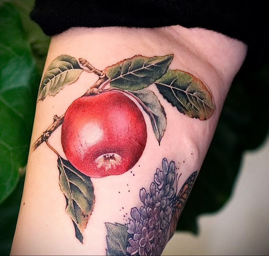 Фото пример рисунка татуировки с яблоком 03.03.2021 №003 - apple tattoo - tatufoto.com