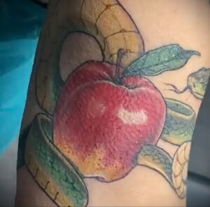 Фото пример рисунка татуировки с яблоком 03.03.2021 №036 - apple tattoo - tatufoto.com