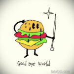 Фото тату мультяшного бургера с ножом и надписью 'Goodbye world'. Черно-белый рисунок, ироничный и провокационный дизайн.