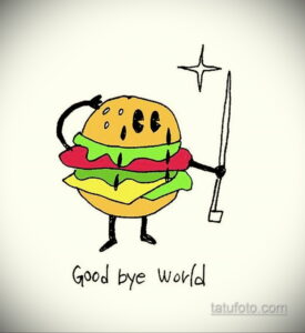Фото тату мультяшного бургера с ножом и надписью 'Goodbye world'. Черно-белый рисунок, ироничный и провокационный дизайн.