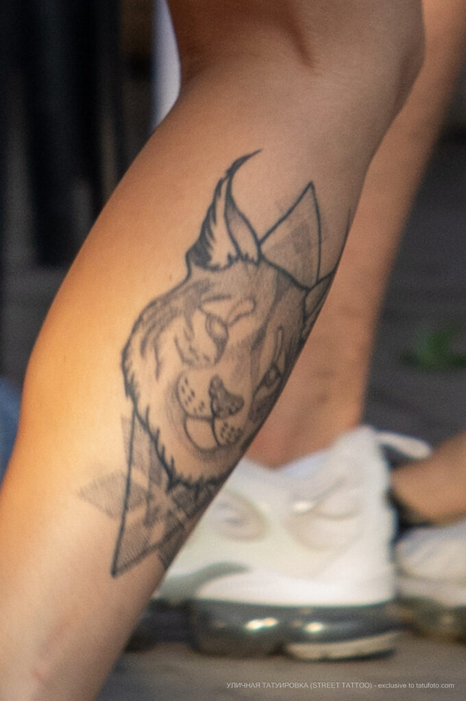 Тату волк на правой ноге девушки – Фото Уличная тату (street tattoo) № 13 – 27.06.2021 3