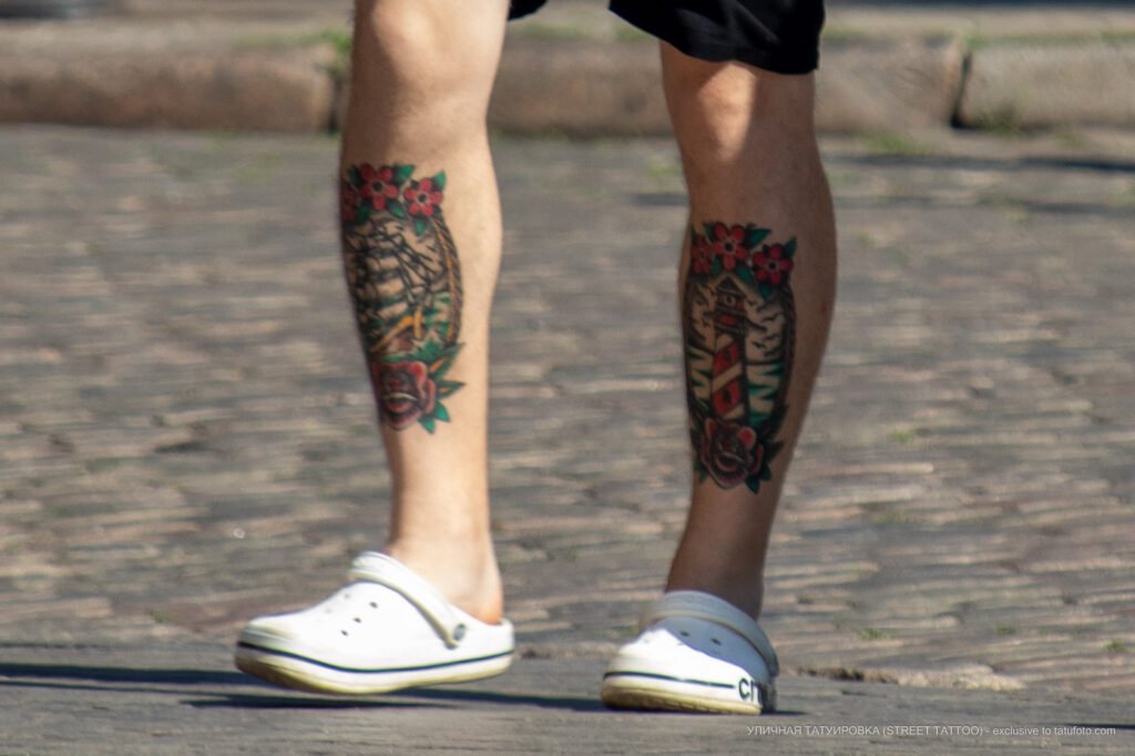 Тату парусник и маяк на голени у парня – Фото Уличная тату (street tattoo) № 13 – 27.06.2021 2