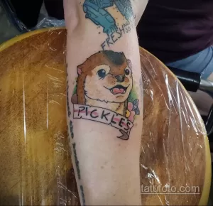 Фото тату с изображением хорька с надписью "Pickles". Рисунок выполнен в ярких цветах в мультяшном стиле.