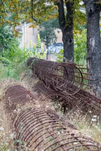 Фотография ржавой металлической арматуры, лежащей в траве и окруженной зеленой листвой. Арматура выглядит старой и заброшенной.