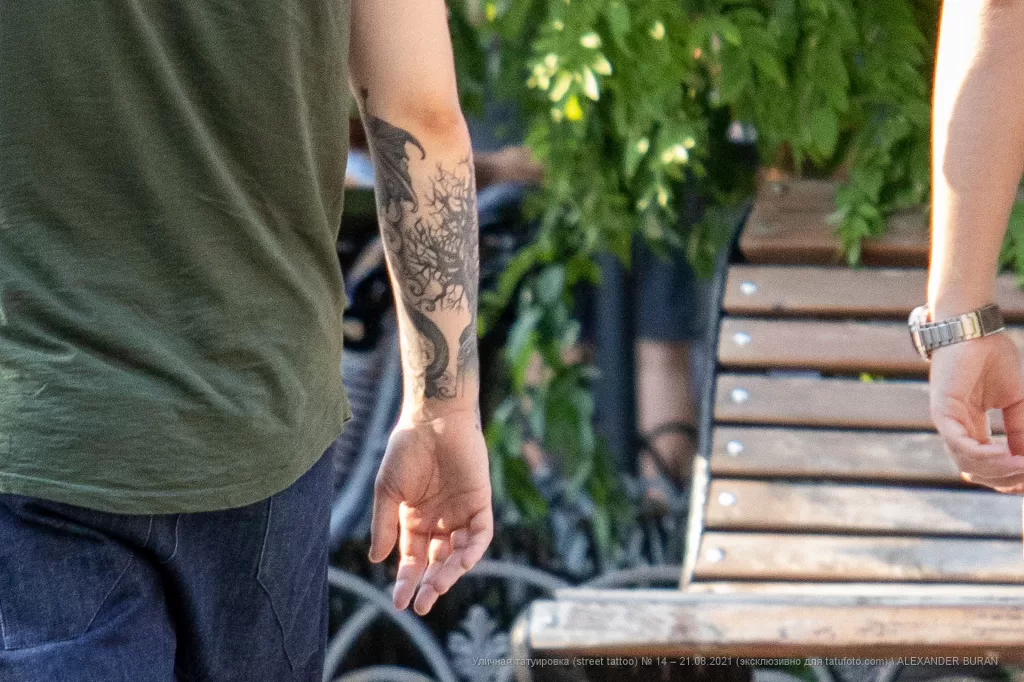 Тату голое дерево и дракон на руке парня - Уличная тату (street tattoo) № 14–210821 5