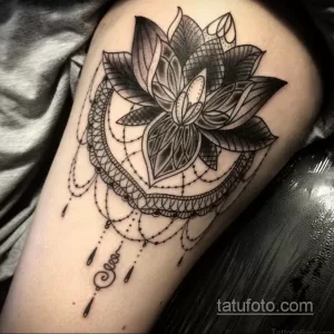 Фото тату: детализированный рисунок цветка лотоса в стиле blackwork с геометрическими узорами и точками, расположенный на бедре. Элегантный и стильный дизайн.