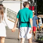 Фото тату на запястье мужчины, идущего с девушкой. Рисунок татуировки представляет собой абстрактный узор в минималистичном стиле.