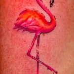 Фото тату фламинго на плече в ярких розовых и оранжевых тонах. Изящная птица стоит на одной ноге, демонстрируя грацию и красоту.
