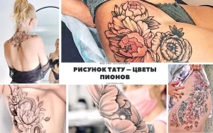 Фото коллажа с различными эскизами татуировок цветов пиона в разных стилях и размерах, от небольших до крупных, на разных частях тела.