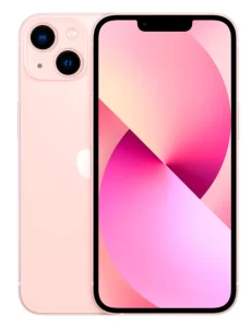 Фотография розового iPhone 13 с двумя камерами на задней панели и ярким дисплеем. Идеальный снимок для обзора мобильных устройств.
