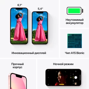 Рекламное фото смартфона в розовом цвете, демонстрирующее различные функции: инновационный дисплей, мощный процессор, неутомимый аккумулятор и ночной режим.