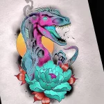 Фото тату: красочный рисунок динозавра с цветком в стиле нео-трад. Яркие цвета, четкие контуры, детализированные элементы.