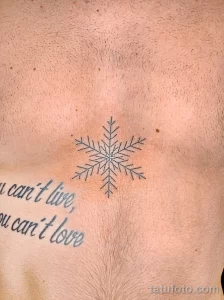 Фото татуировки на груди, изображающей снежинку и фразу 'You can't live, you can't love', выполненную тонким шрифтом. Минималистичный и символичный рисунок татуировки.