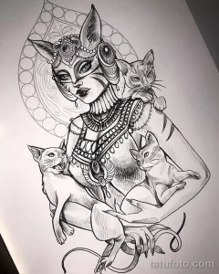 Эскиз для татуировки с кошкой 14,11,2021 - №0001 - sketch of cat tattoo - tatufoto.com