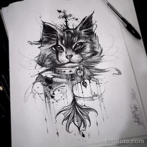 Эскиз тату с изображением кота в стиле dotwork. Рисунок выполнен в черном цвете с использованием множества точек для создания теней и текстур.