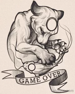 Черно-белое фото тату бульдога с очками и надписью 'Game Over'. Рисунок выполнен в реалистичном стиле с детальной проработкой шерсти.