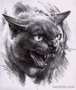 Фото эскиза тату с изображением разъяренного кота, демонстрирующего клыки. Динамичный рисунок татуировки для любителей хищных образов.