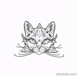 Эскиз тату кошачьей головы в стиле blackwork, с использованием геометрических фигур (треугольников) и лунного символа. Черно-белый рисунок.