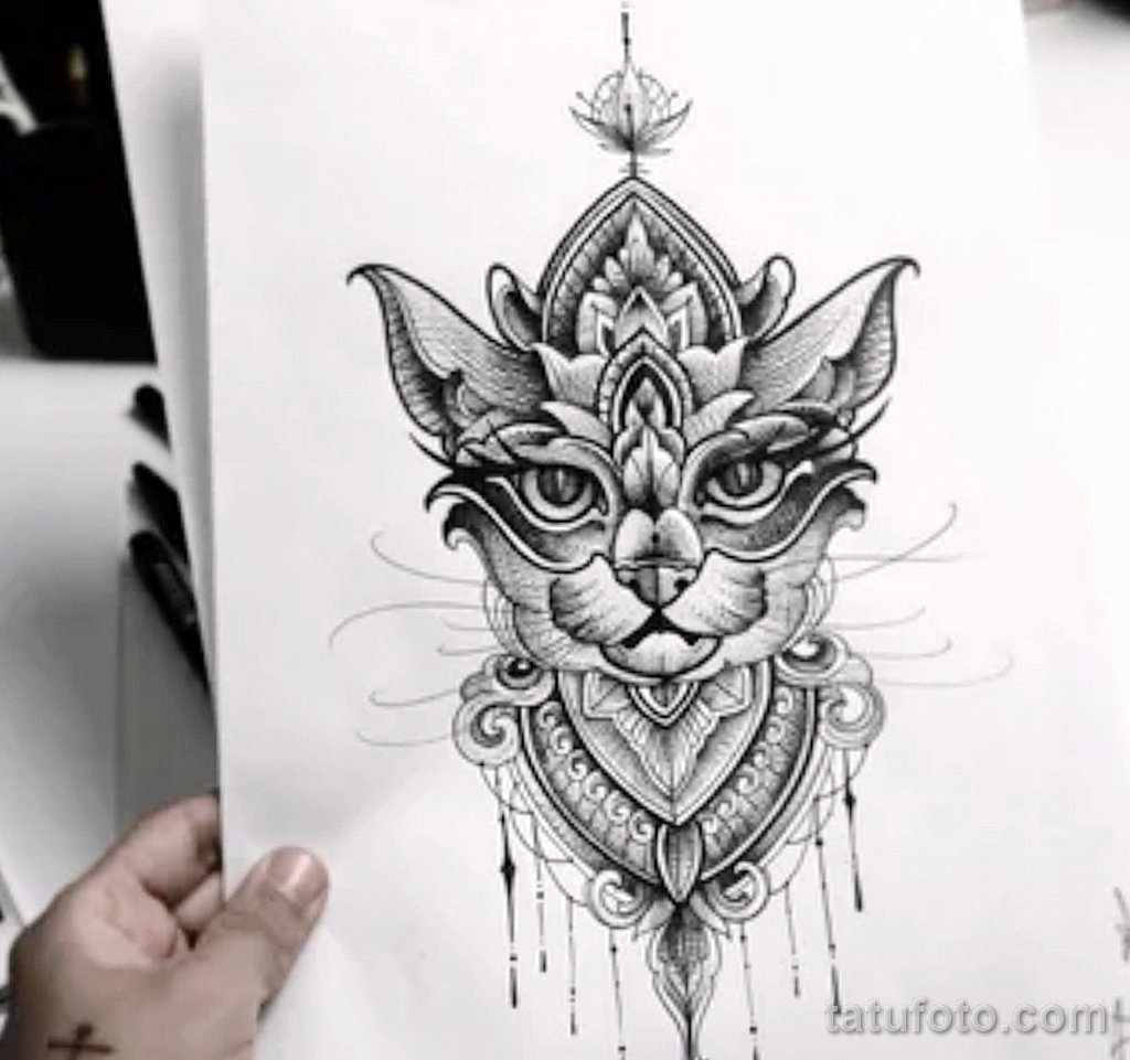 Эскиз для татуировки с кошкой 14,11,2021 - №0263 - sketch of cat tattoo - tatufoto.com