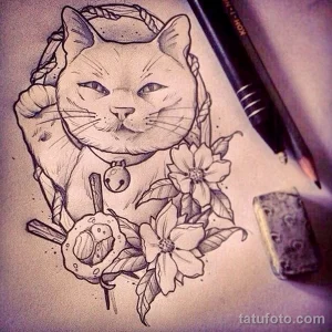 Эскиз для татуировки с кошкой 14,11,2021 - №0266 - sketch of cat tattoo - tatufoto.com