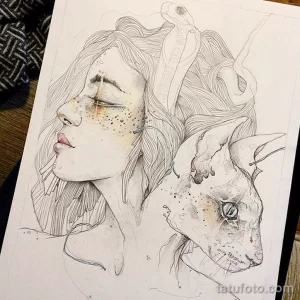 Эскиз для татуировки с кошкой 14,11,2021 - №0273 - sketch of cat tattoo - tatufoto.com