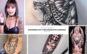 Коллаж из фотографий татуировок Анубиса, портретов девушки с татуировками и других рисунков. Разнообразие стилей и техник исполнения.