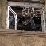 Фото заброшенного окна с паутиной и сухими растениями. Атмосферный снимок, напоминающий эскиз татуировки.