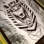 Эскиз татуировки Анубиса, выполненный в технике dotwork. Детализированное изображение с использованием множества точек для создания теней и текстур.