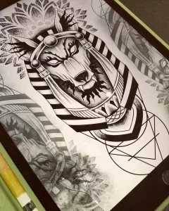 Эскиз татуировки Анубиса, выполненный в технике dotwork. Детализированное изображение с использованием множества точек для создания теней и текстур.