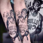 Фото тату на руках: две реалистичные татуировки Майкла Джордана в форме Chicago Bulls, с номером 23. Яркий и запоминающийся рисунок.