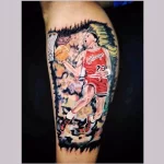 Фото тату с изображением Майкла Джордана в красной форме Chicago Bulls, забивающего мяч в корзину. Яркие цвета и динамичная композиция.