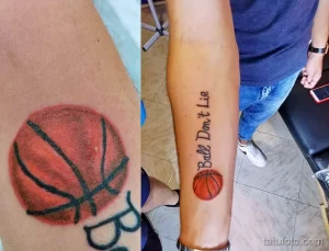 Фото тату на руке с изображением баскетбольного мяча и надписи 'Ball Don't Lie', выполненное в ярких цветах.