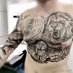 Фото тату на теле: впечатляющая татуировка, сочетающая изображения совы, медведя и льва, выполненная в реалистичном стиле.
