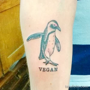 Фото тату пингвина с надписью "VEGAN" на руке. Небольшой цветной рисунок, выполненный в простом стиле, символизирующий любовь к животным и этичный образ жизни.