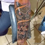 Фото тату совы и черепа на предплечье, выполненное в реалистичном стиле с использованием ярких цветов. Впечатляющий эскиз тату для любителей мистических и символичных рисунков.