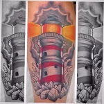 Фото тату: красочный рисунок маяка в стиле нео-трад, с использованием ярких цветов, четких линий и геометрических форм, расположенный на руке.
