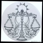Черно-белый эскиз татуировки с изображением классических весов, луны и растительных элементов.