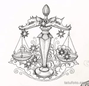 Детализированный эскиз татуировки Весы с изображением драконов, поддерживающих чаши весов. Черно-белый рисунок в стиле дотворк.