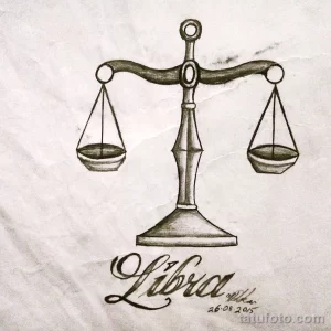 Эскиз татуировки Весы: чаши весов с надписью "Libra", выполненный в графическом стиле с использованием тонких линий.