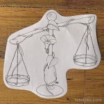 Ручной эскиз татуировки Весы с изображением цветка. Детализированный рисунок с тонкими линиями и акцентом на цветочном мотиве.
