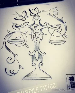 Фото тату Весы в стиле sketch. Весы с бабочками, тонкие линии, черно-белый рисунок татуировки, эскиз.