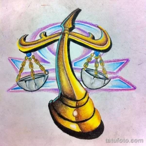 Фото тату Весы в стиле watercolor. Весы с яркими цветами, градиенты, красочный рисунок татуировки.