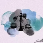 Красивое акварельное тату с изображением весов правосудия. Мягкие переходы цветов и размытые контуры создают эффект легкости и воздушности.