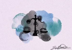 Красивое акварельное тату с изображением весов правосудия. Мягкие переходы цветов и размытые контуры создают эффект легкости и воздушности.